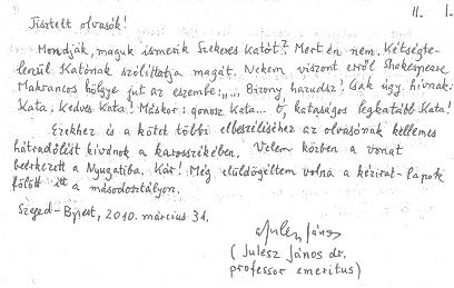 dr.prof.Julesz János levele